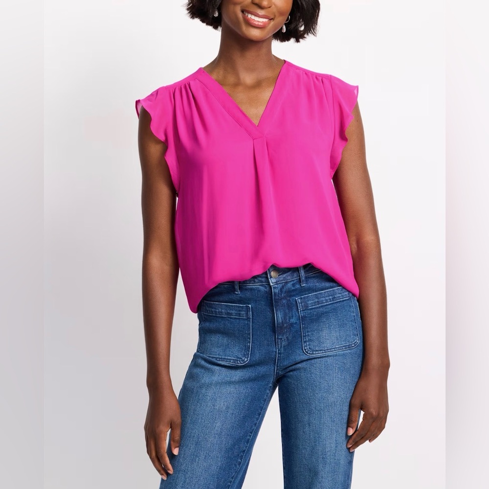 Calvin Klein Like NEW Fuchsia V-Neck Blouse with Cap Short Flowy Sleeves Medium